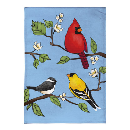Cardinal and Friends Burlap Garden Flag blue burlap with red cardinal and birds on a branch on Tampa Home & Garden Store
