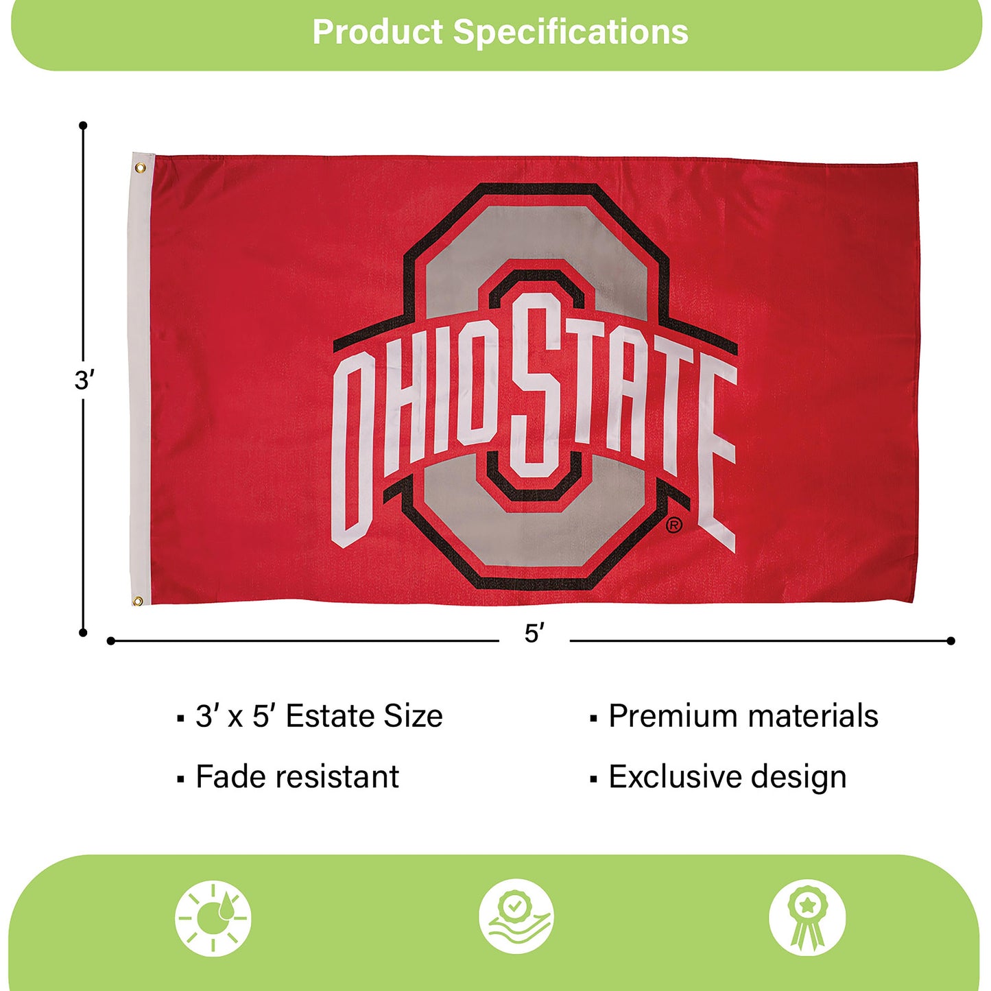 Ohio State University single-sided flag 3'x5' with 2 grommets and bold OSU logo on red field on Tampa Home & Garden Store