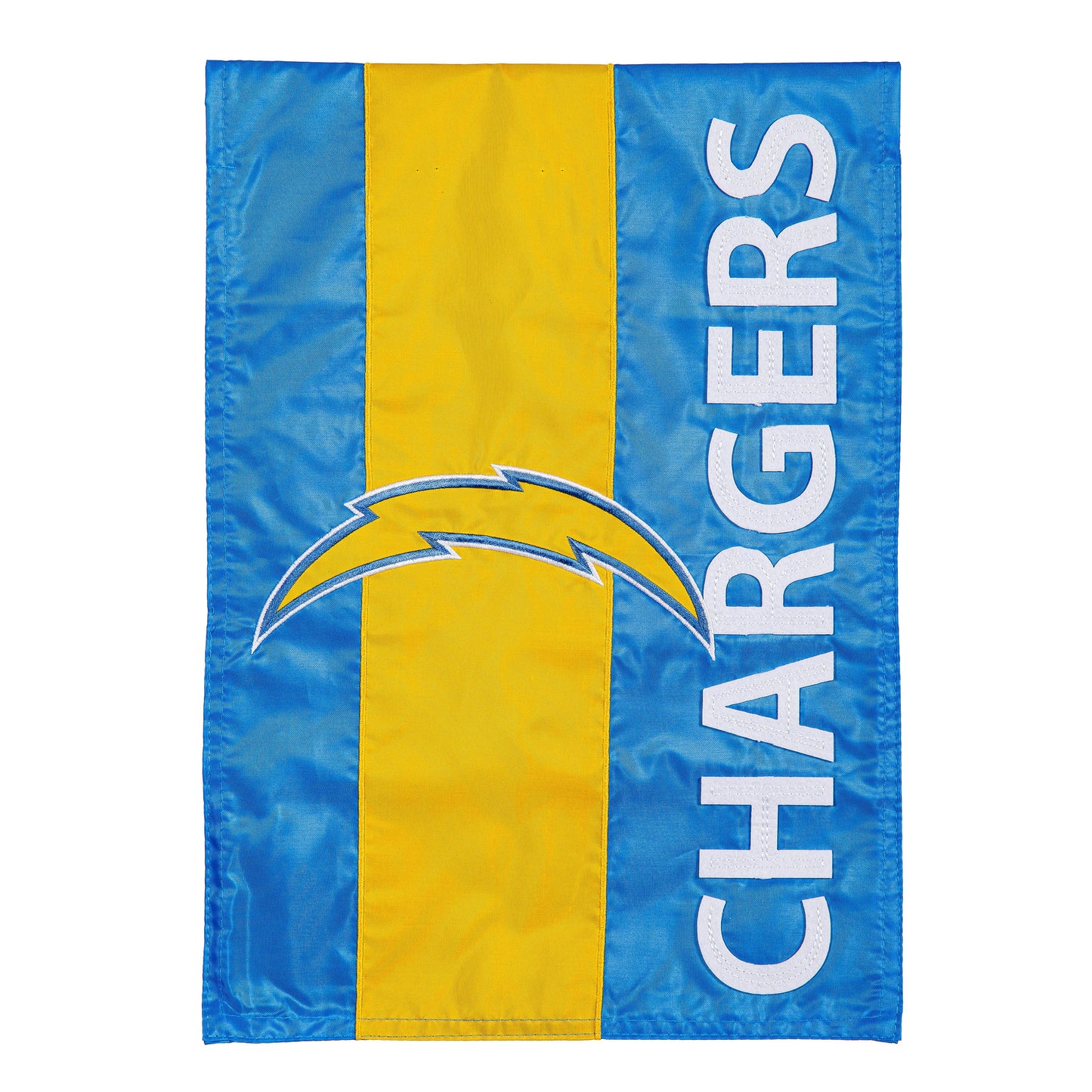 LA Chargers Embellished Garden Flag with blue-yellow stripes and white applique letters Evergreen on Tampa Home & Garden Store