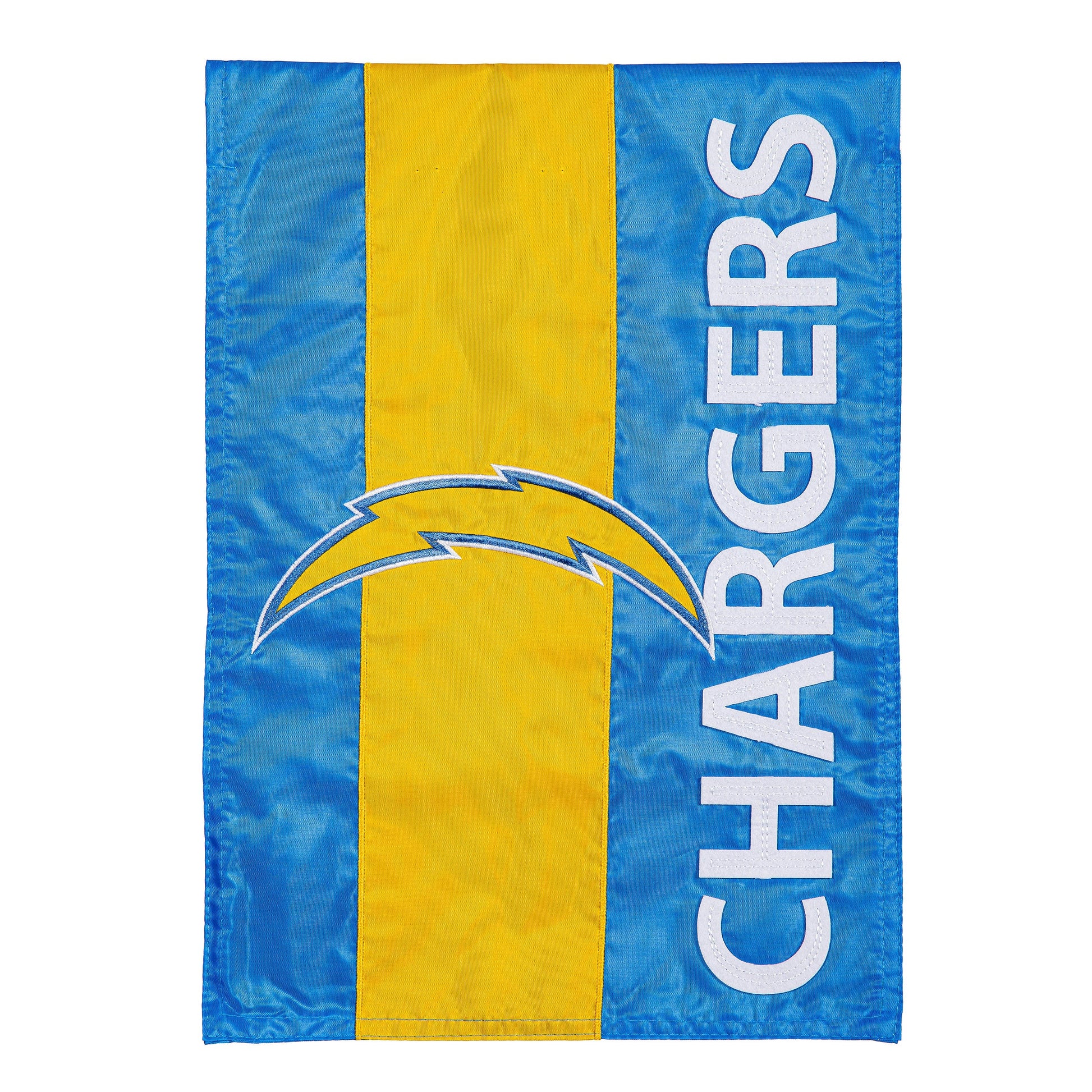 LA Chargers Embellished Garden Flag with blue-yellow stripes and white applique letters Evergreen on Tampa Home & Garden Store