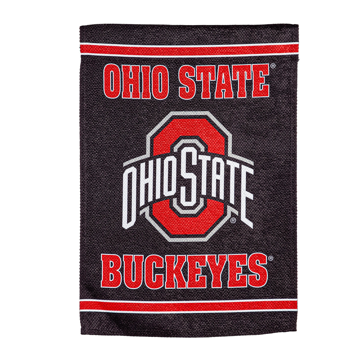 Embossed suede flag Ohio State University on black with red-white trim, house size on Tampa Home & Garden Store