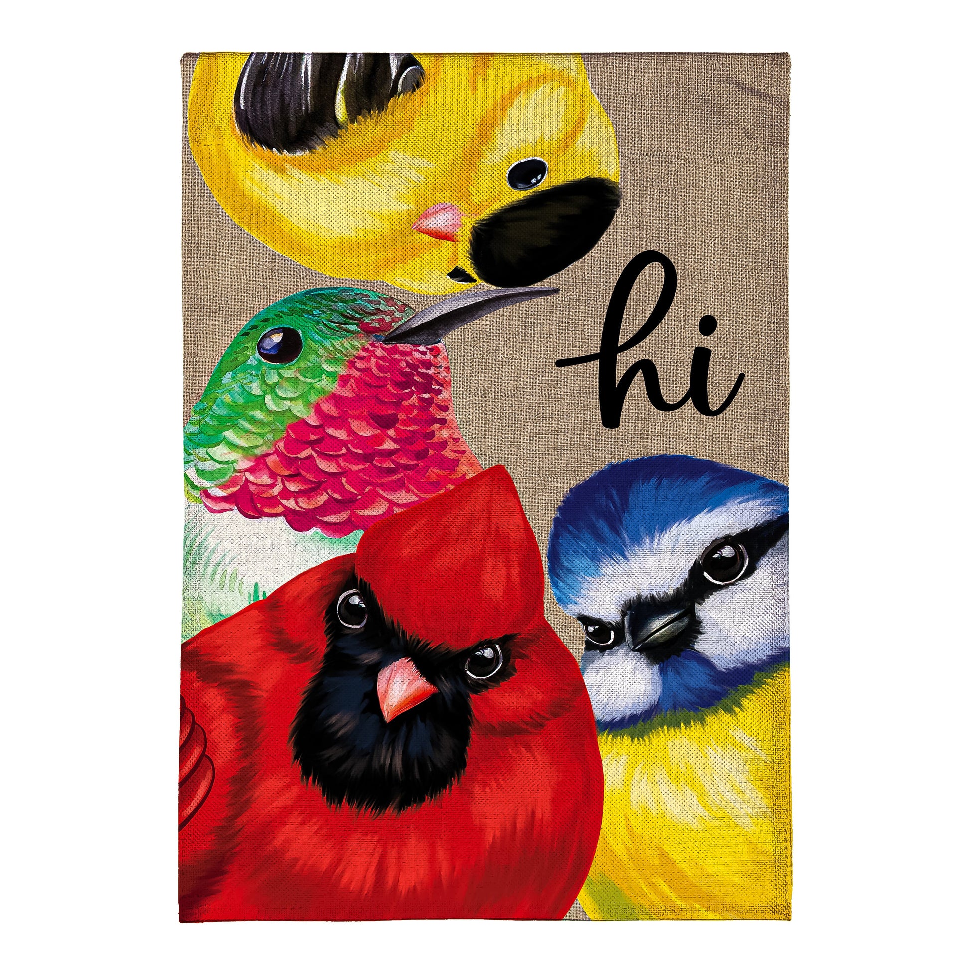 Cottage Garden Portly Birds Burlap Flag yellow bird and multicolor bird on burlap Evergreen on Tampa Home & Garden Store