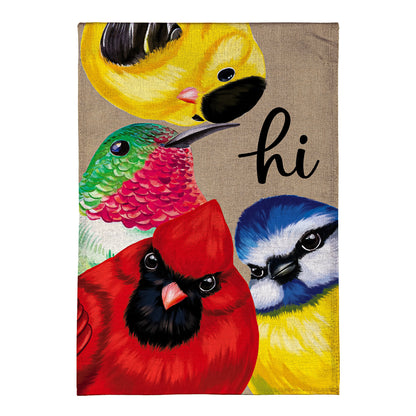 Cottage Garden Portly Birds Burlap Flag yellow bird and multicolor bird on burlap Evergreen on Tampa Home & Garden Store
