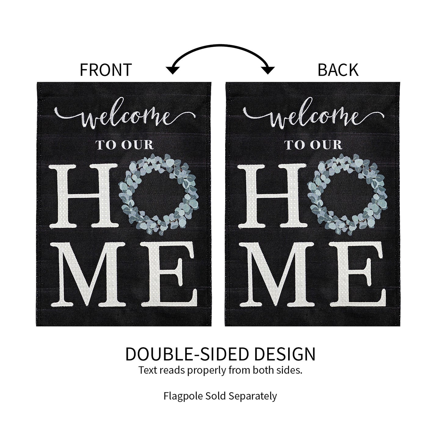 Eucalyptus Welcome Garden Burlap Flag pair, double-sided black flags with white script and wreath on Tampa Home & Garden Store