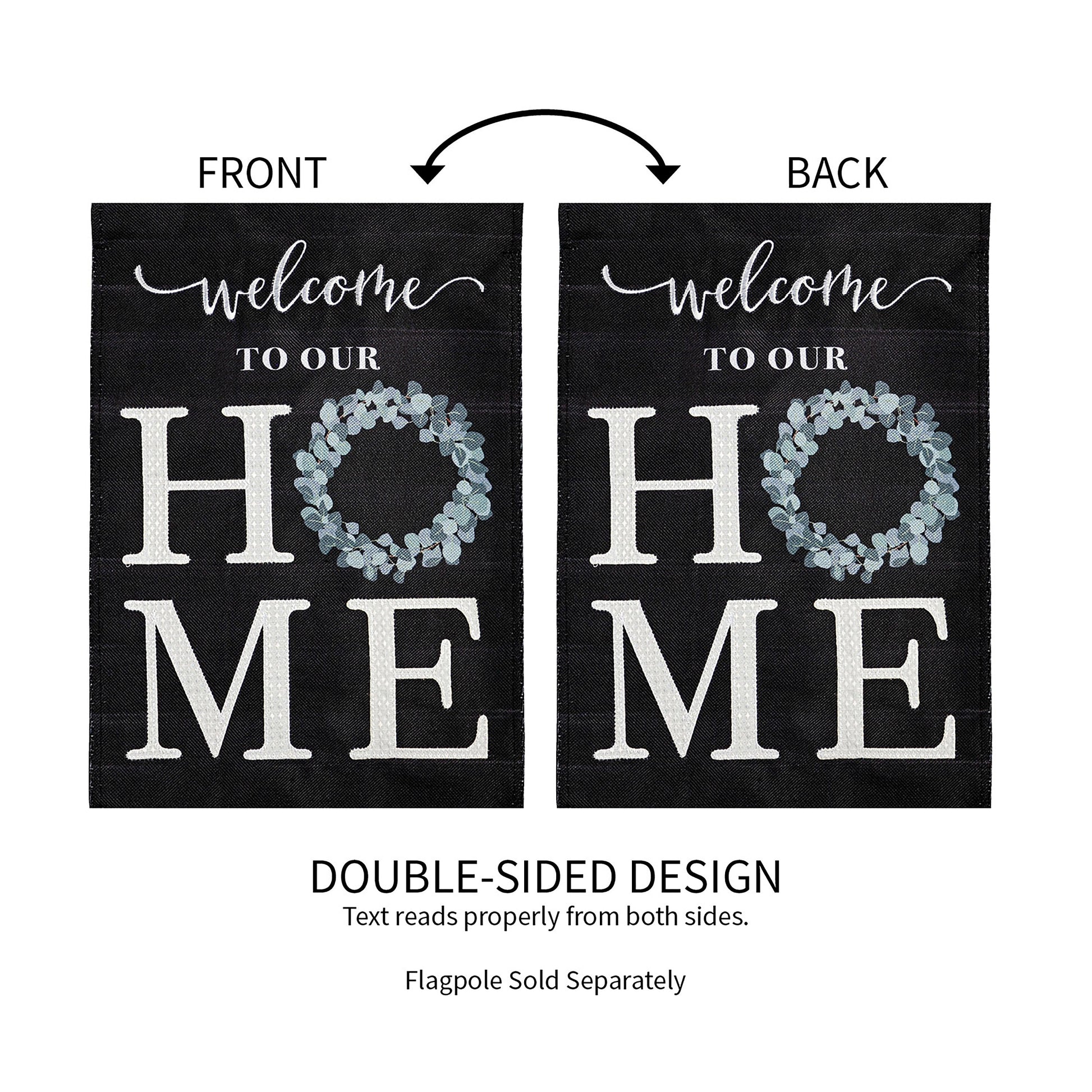 Eucalyptus Welcome Garden Burlap Flag pair, double-sided black flags with white script and wreath on Tampa Home & Garden Store