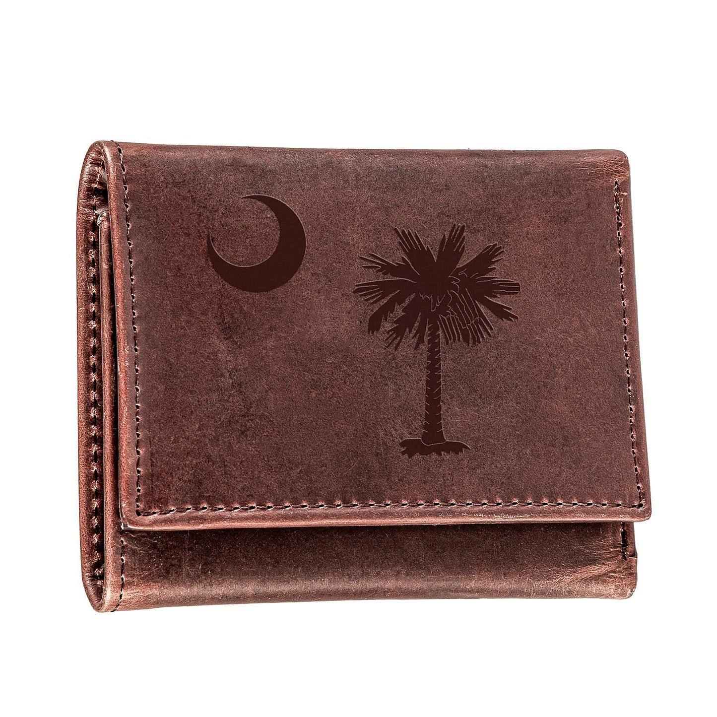 Tri-fold wallet in brown genuine leather by Evergreen with South Carolina palmetto crescent logo on Tampa Home & Garden Store