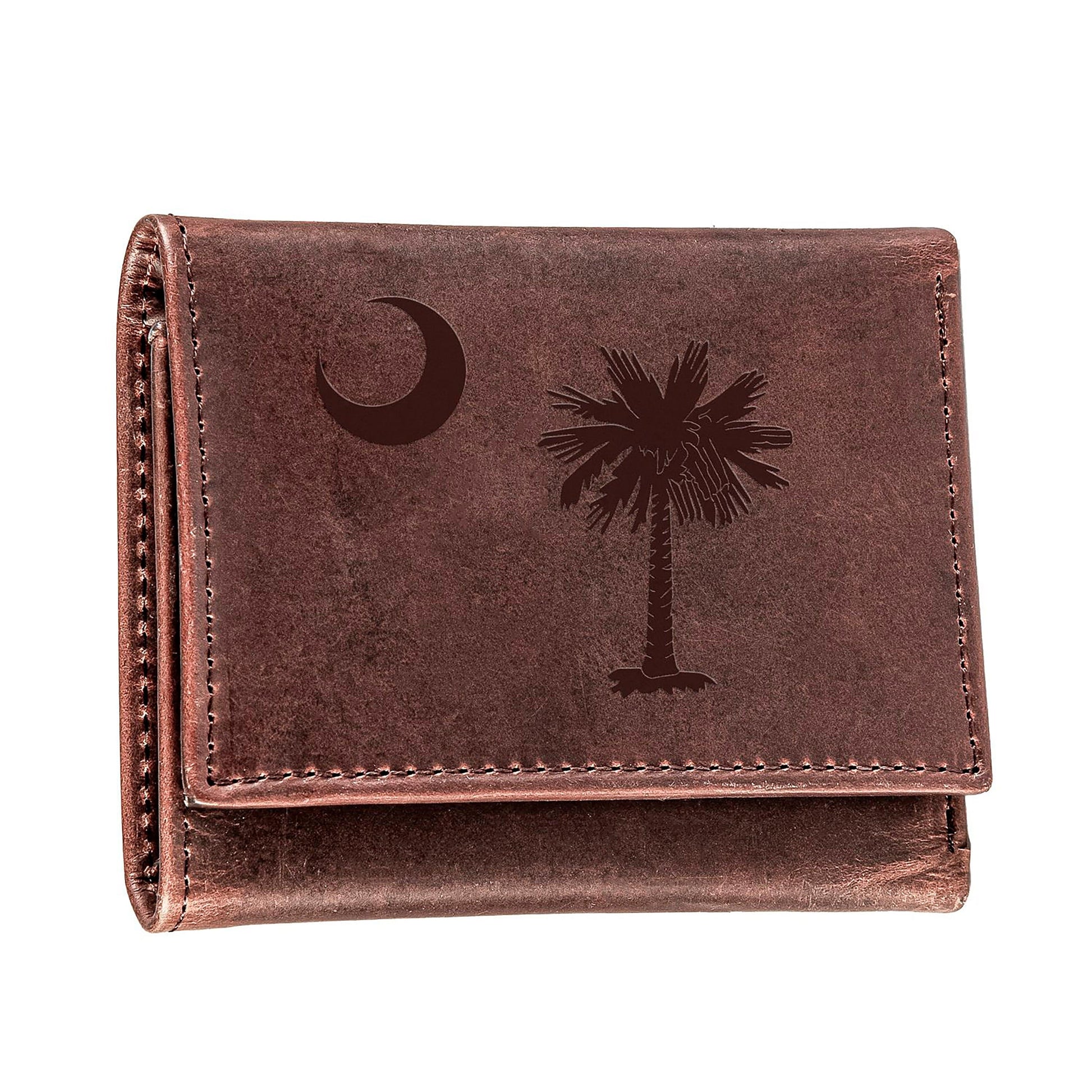 Tri-fold wallet in brown genuine leather by Evergreen with South Carolina palmetto crescent logo on Tampa Home & Garden Store