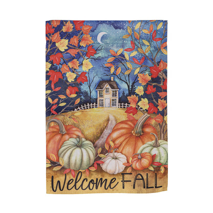 Alive in Fall Suede Garden Flags featuring colorful autumn leaves, pumpkins, and a cozy house on Tampa Home & Garden Store