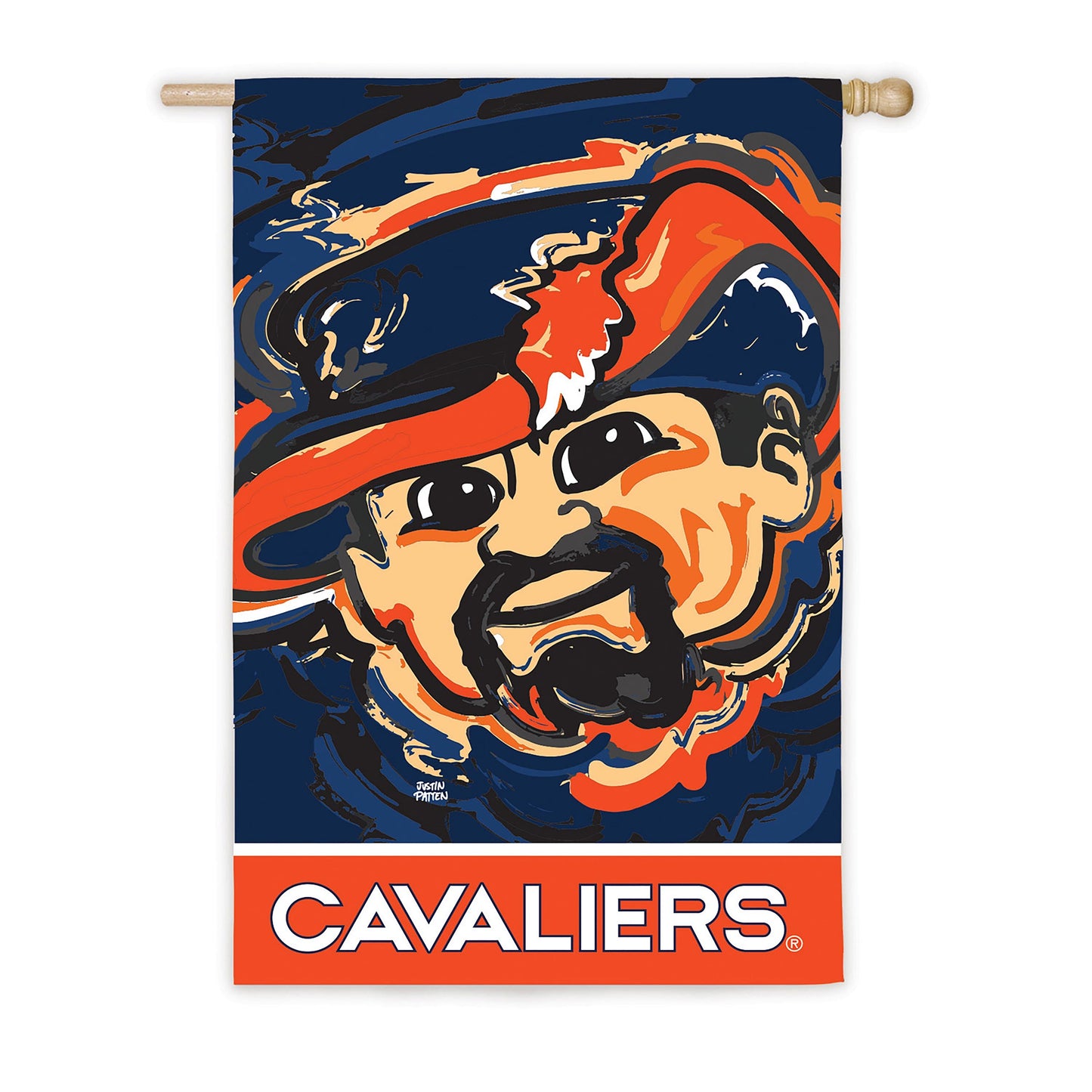 University of Virginia suede flag with Cavaliers mascot in blue and orange, wooden rod on Tampa Home & Garden Store