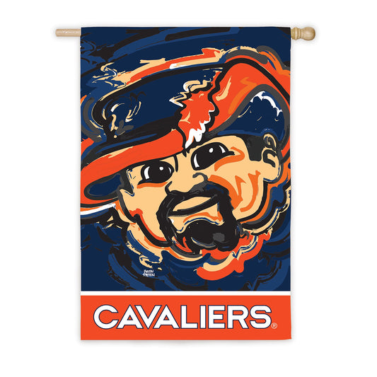 University of Virginia suede flag with Cavaliers mascot in blue and orange, wooden rod on Tampa Home & Garden Store