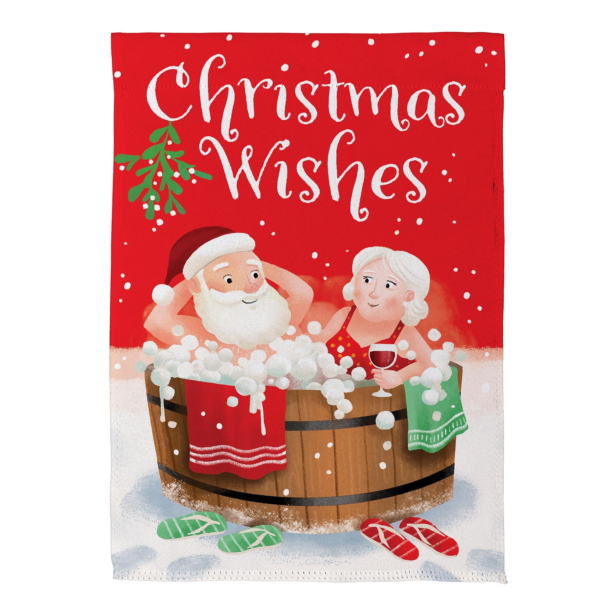 Christmas Wishes Suede Garden Flag red suede with Santa and Mrs Claus by Evergreen Enterprises on Tampa Home & Garden Store