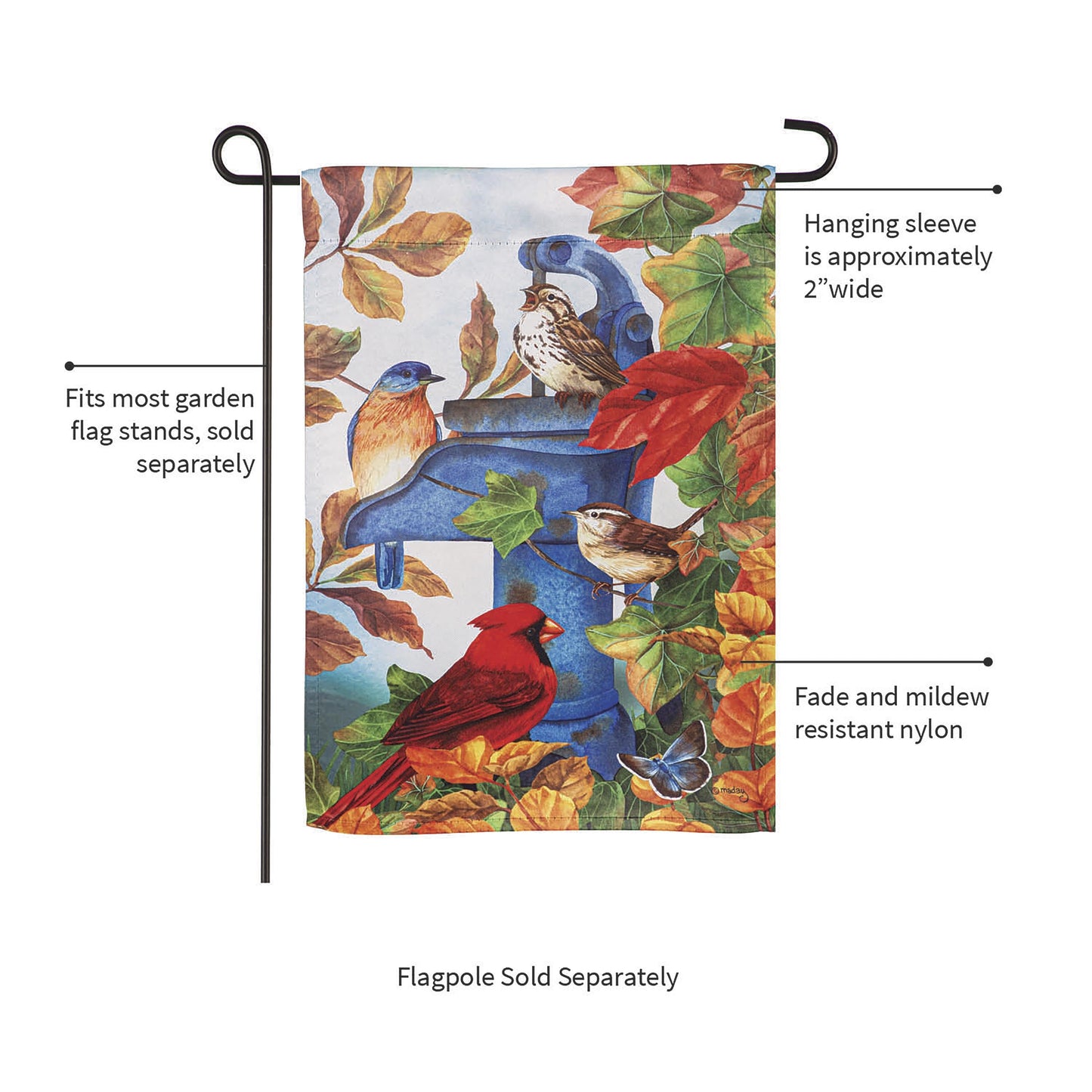 Where Birds Gather suede garden flag by Evergreen Enterprises - Wholesale Collective with colorful birds and autumn leaves design on Tampa Home & Garden Store