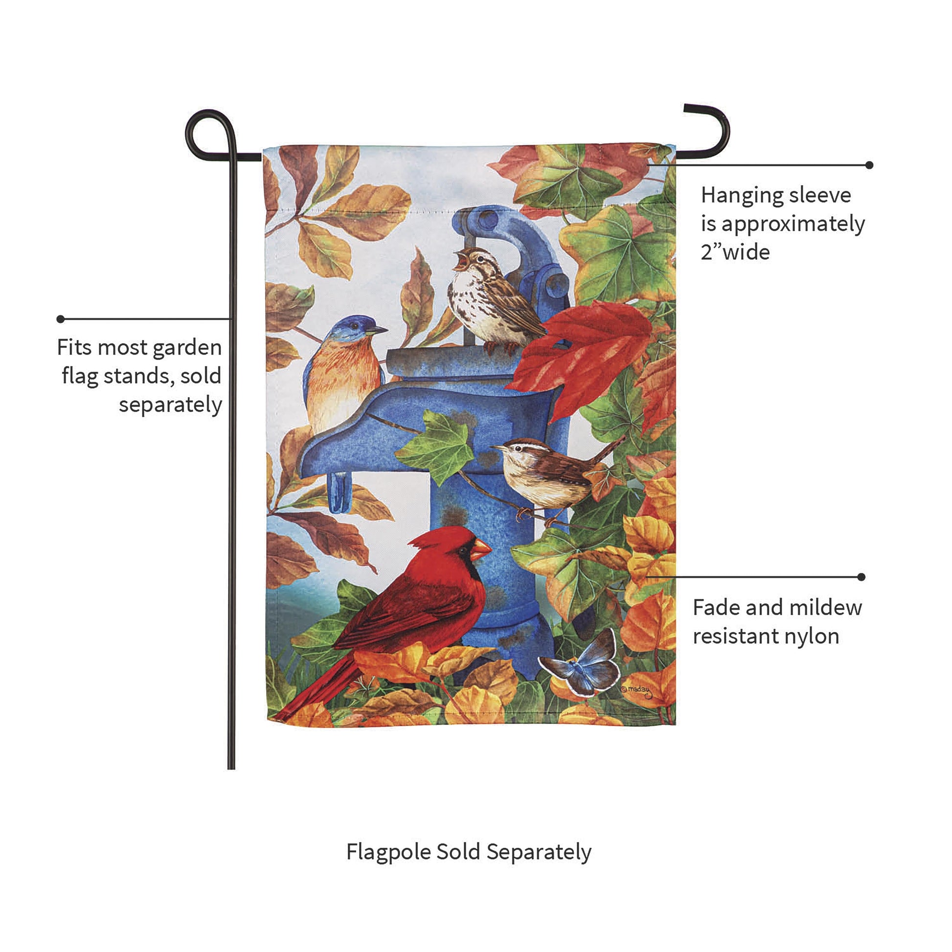 Where Birds Gather suede garden flag by Evergreen Enterprises - Wholesale Collective with colorful birds and autumn leaves design on Tampa Home & Garden Store