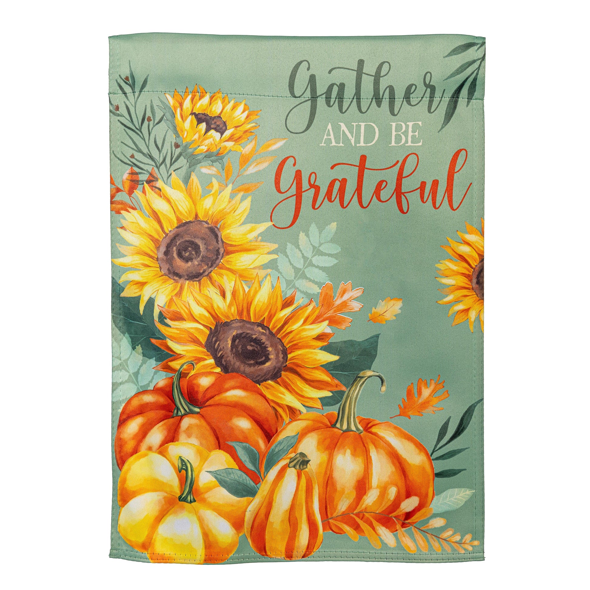 Grateful Gatherings Suede Garden Flag with sunflowers and pumpkins on teal background on Tampa Home & Garden Store