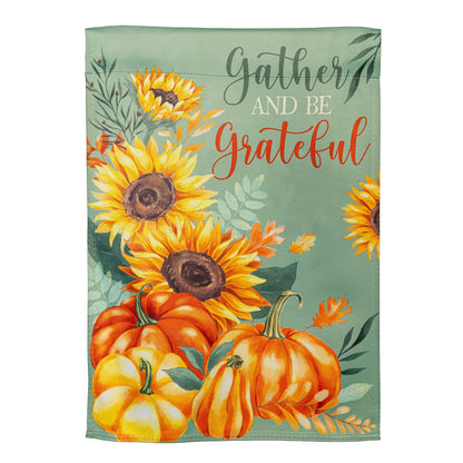 Grateful Gatherings Suede Garden Flag with sunflowers and pumpkins on teal background on Tampa Home & Garden Store