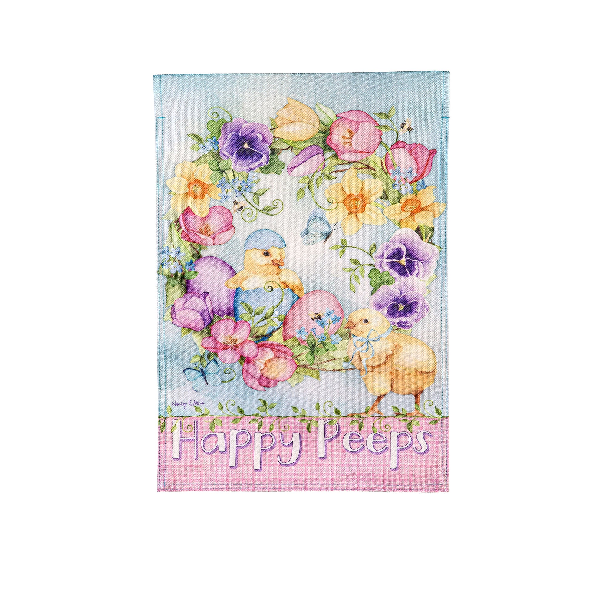 Spring Has Hatched Burlap Garden Flag with colorful floral design and chicks on Tampa Home & Garden Store