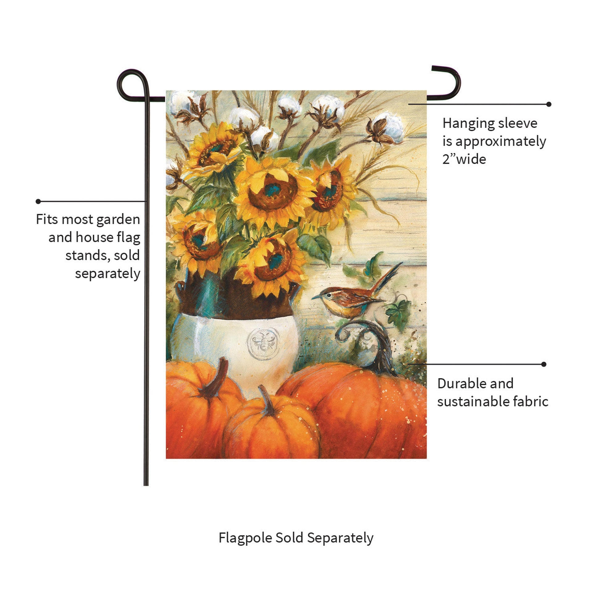 Cotton & Sunflowers Suede Garden Flag with sunflower bouquet design on suede fabric on Tampa Home & Garden Store