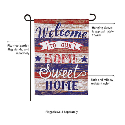 Farmhouse Home Sweet Home suede garden flag with distressed red white blue planks design on Tampa Home & Garden Store