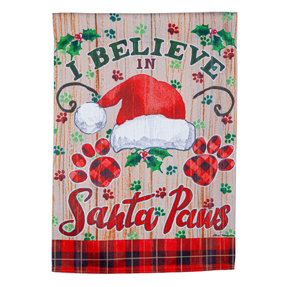 Santa Paws suede garden flag with I Believe in Santa Claus on woodgrain backdrop on Tampa Home & Garden Store