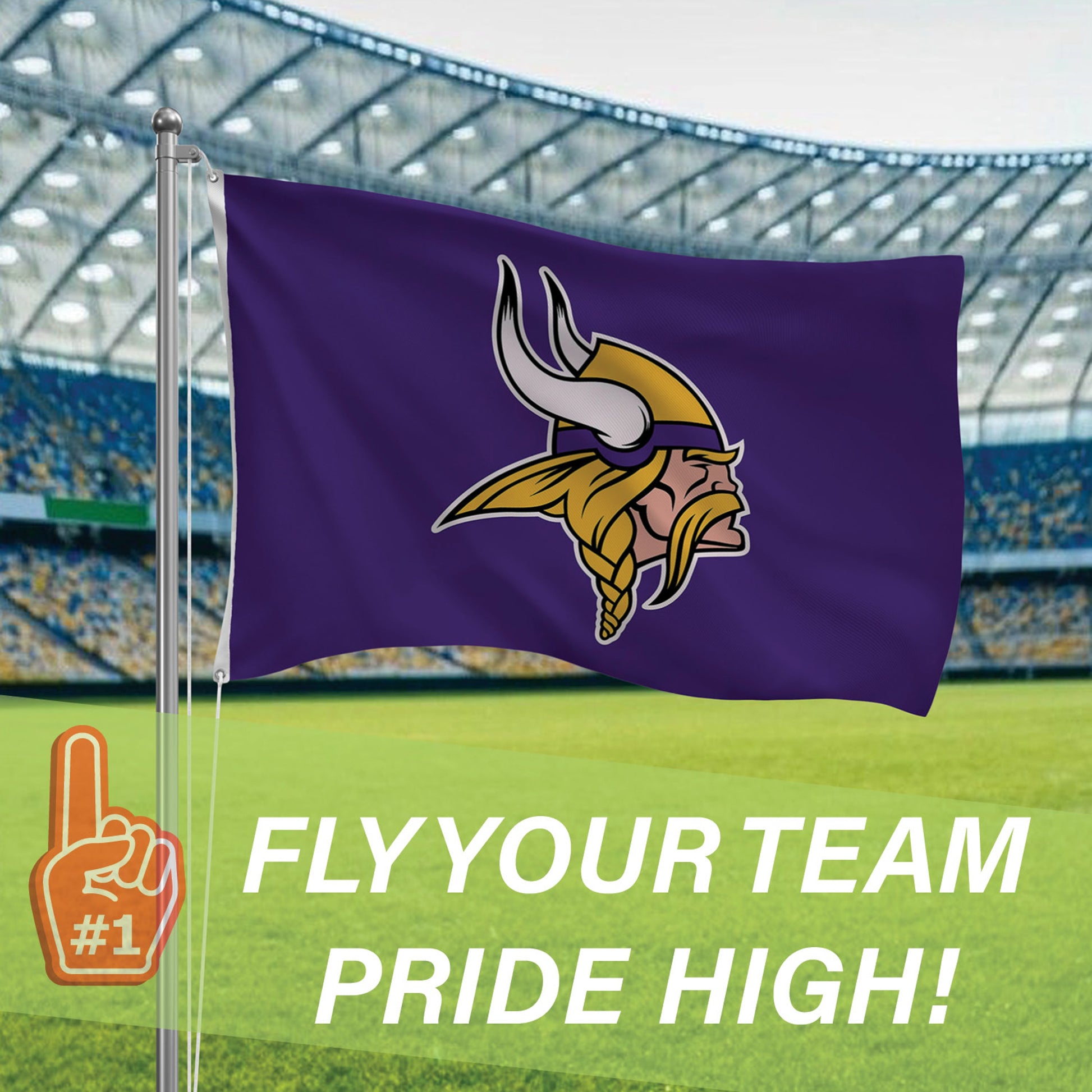 Minnesota Vikings flag 3x5, purple sublimated flag with Viking helmet logo, 2 grommets on Tampa Home & Garden Store