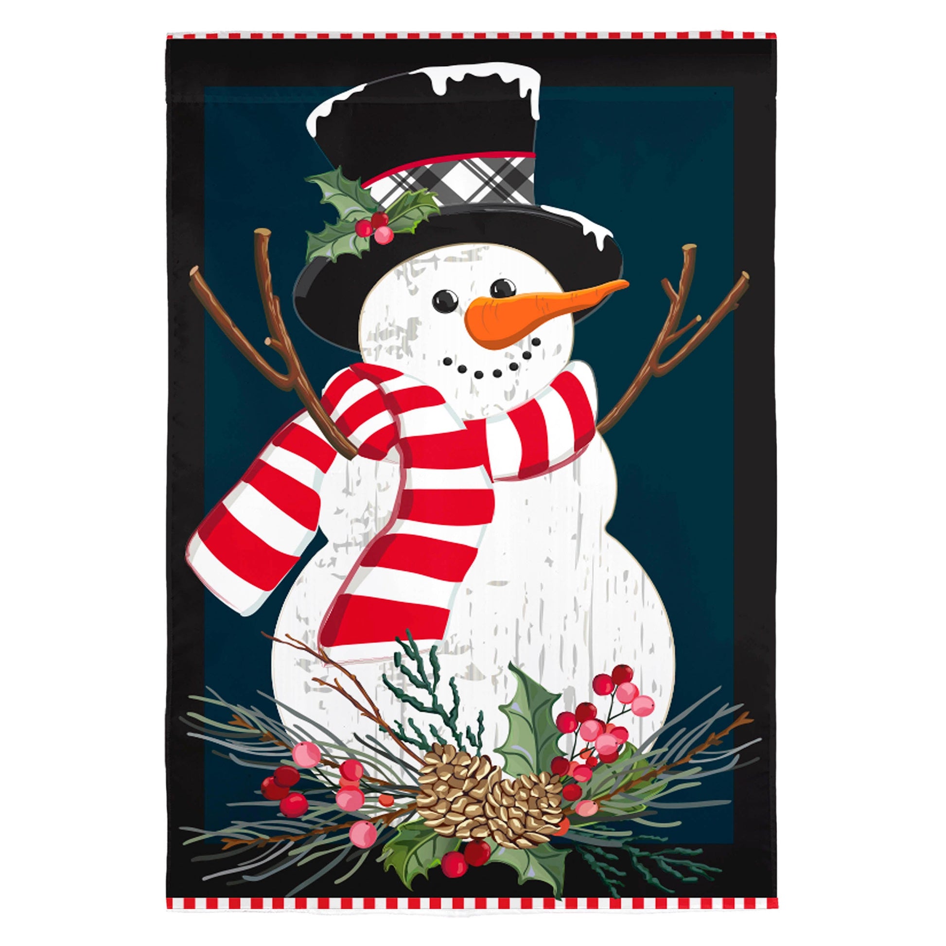 Holly Snowman Burlap House Flag snowman with red scarf and black hat with holly on dark background on Tampa Home & Garden Store