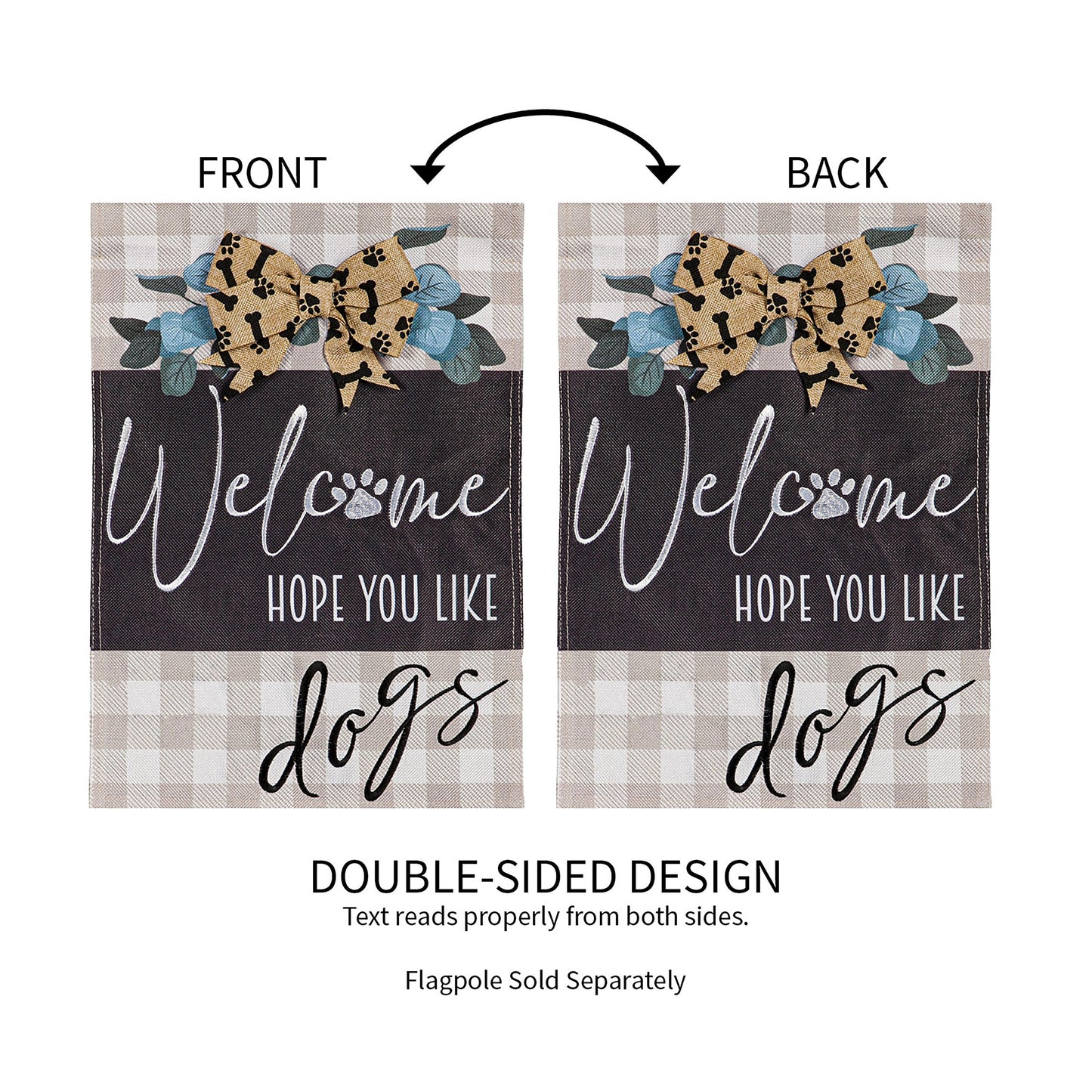 Pair of Dogs and Checks Garden Burlap Flags by Evergreen, double-sided beige gingham bone on Tampa Home & Garden Store