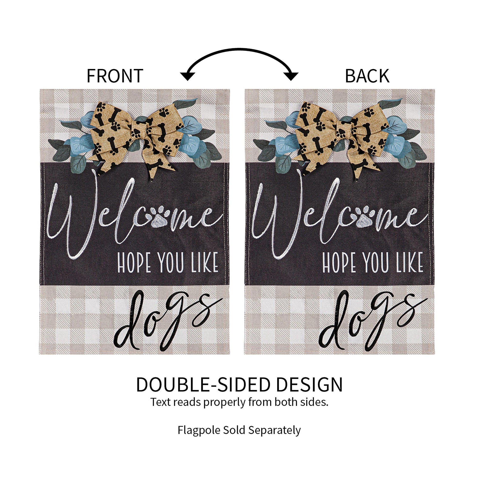 Pair of Dogs and Checks Garden Burlap Flags by Evergreen, double-sided beige gingham bone on Tampa Home & Garden Store