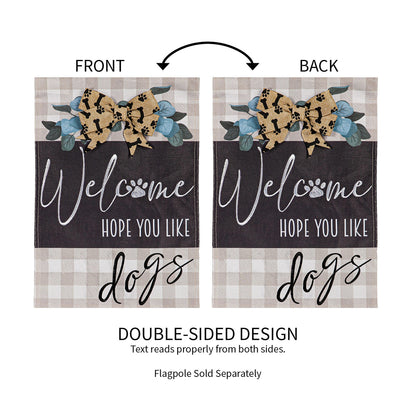 Pair of Dogs and Checks Garden Burlap Flags by Evergreen, double-sided beige gingham bone on Tampa Home & Garden Store
