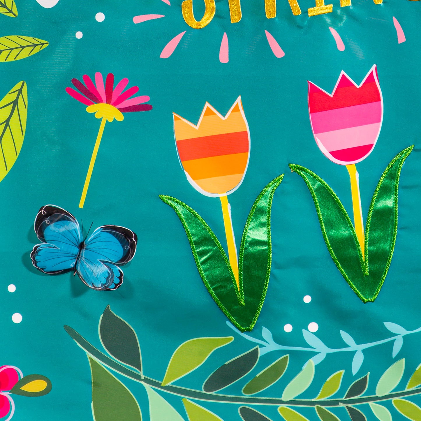 Welcome Spring Bunny Applique House Flag vibrant teal background with bold tulips and butterfly on Tampa Home & Garden Store