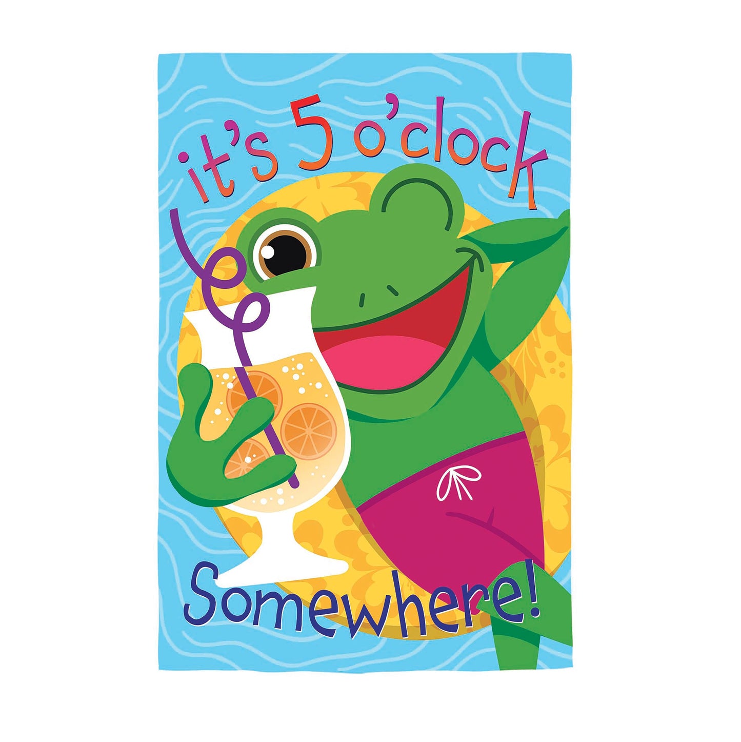 5 o'clock Frog Applique House Flag bright green frog with citrus slices on blue backdrop on Tampa Home & Garden Store