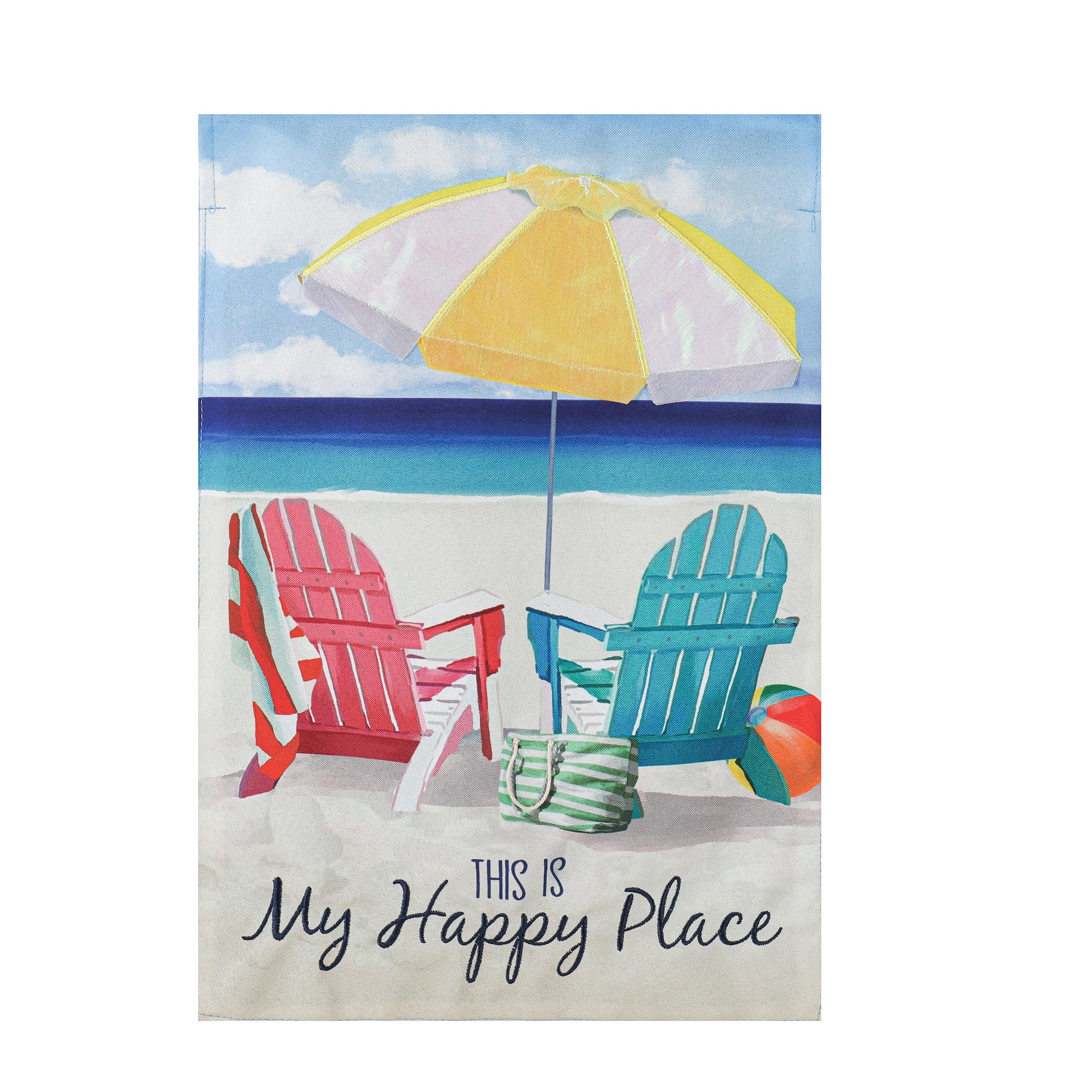Colorful Chairs Linen Flag with red and teal Adirondack chairs under a yellow umbrella on beach on Tampa Home & Garden Store