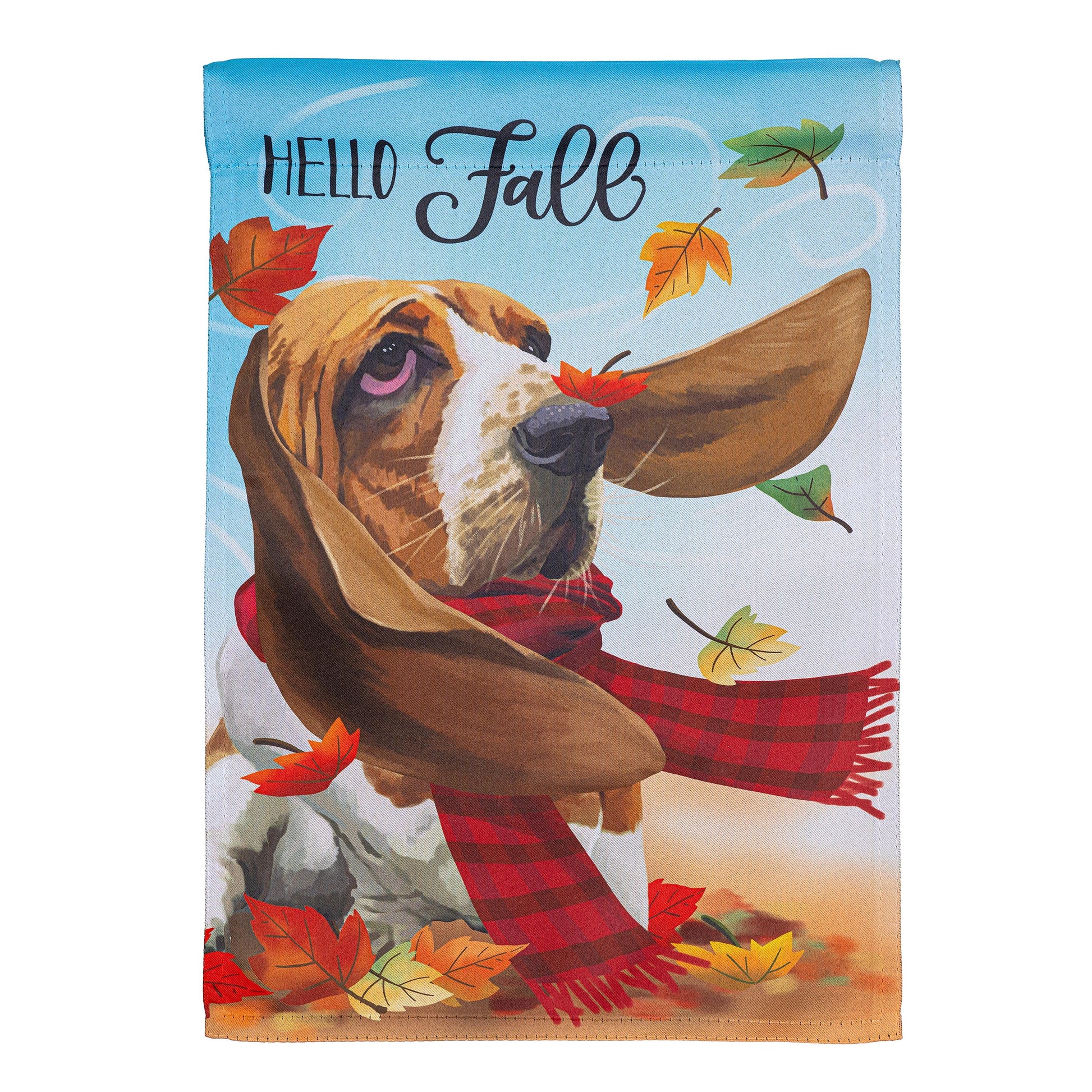 Falls A Breeze Suede Garden Flag dog in plaid scarf among autumn leaves against blue sky on Tampa Home & Garden Store