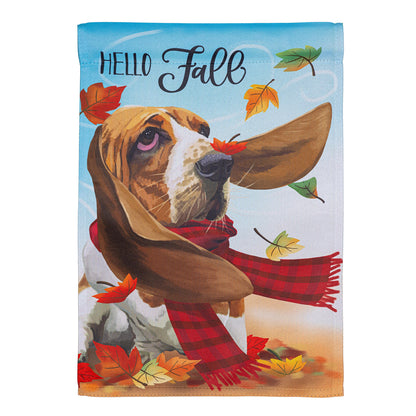 Falls A Breeze Suede Garden Flag dog in plaid scarf among autumn leaves against blue sky on Tampa Home & Garden Store