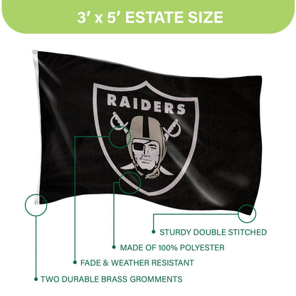 Las Vegas Raiders estate flag, black sublimated flag with Raiders shield, 2 grommets Evergreen on Tampa Home & Garden Store