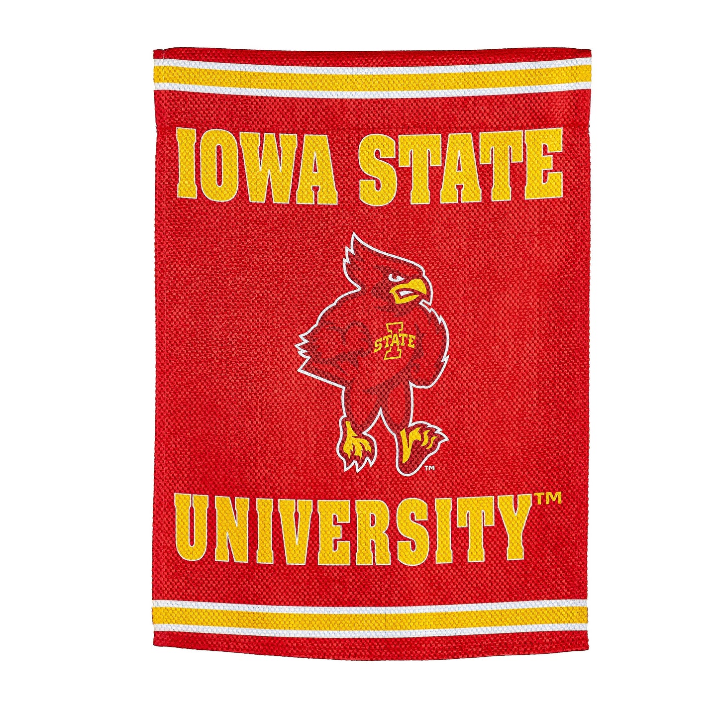 Embossed suede flag, house size Iowa State University red field with yellow IOWA STATE text on Tampa Home & Garden Store