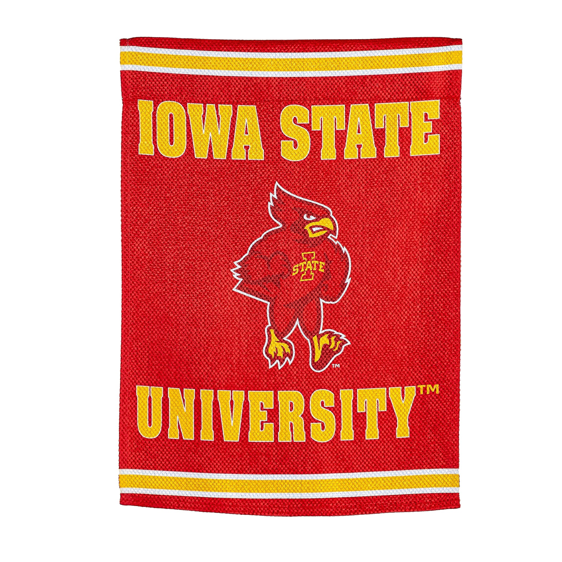 Embossed suede flag, house size Iowa State University red field with yellow IOWA STATE text on Tampa Home & Garden Store