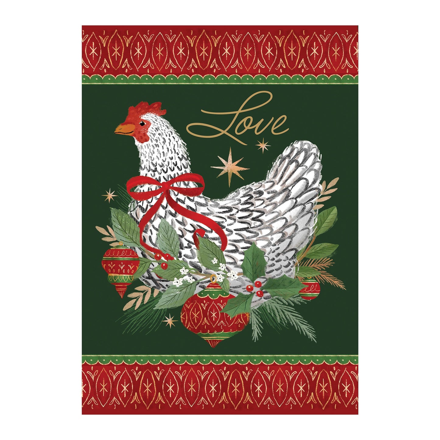 Floral Christmas Chicken Suede House Flag by Evergreen Enterprises; red border, green backdrop on Tampa Home & Garden Store