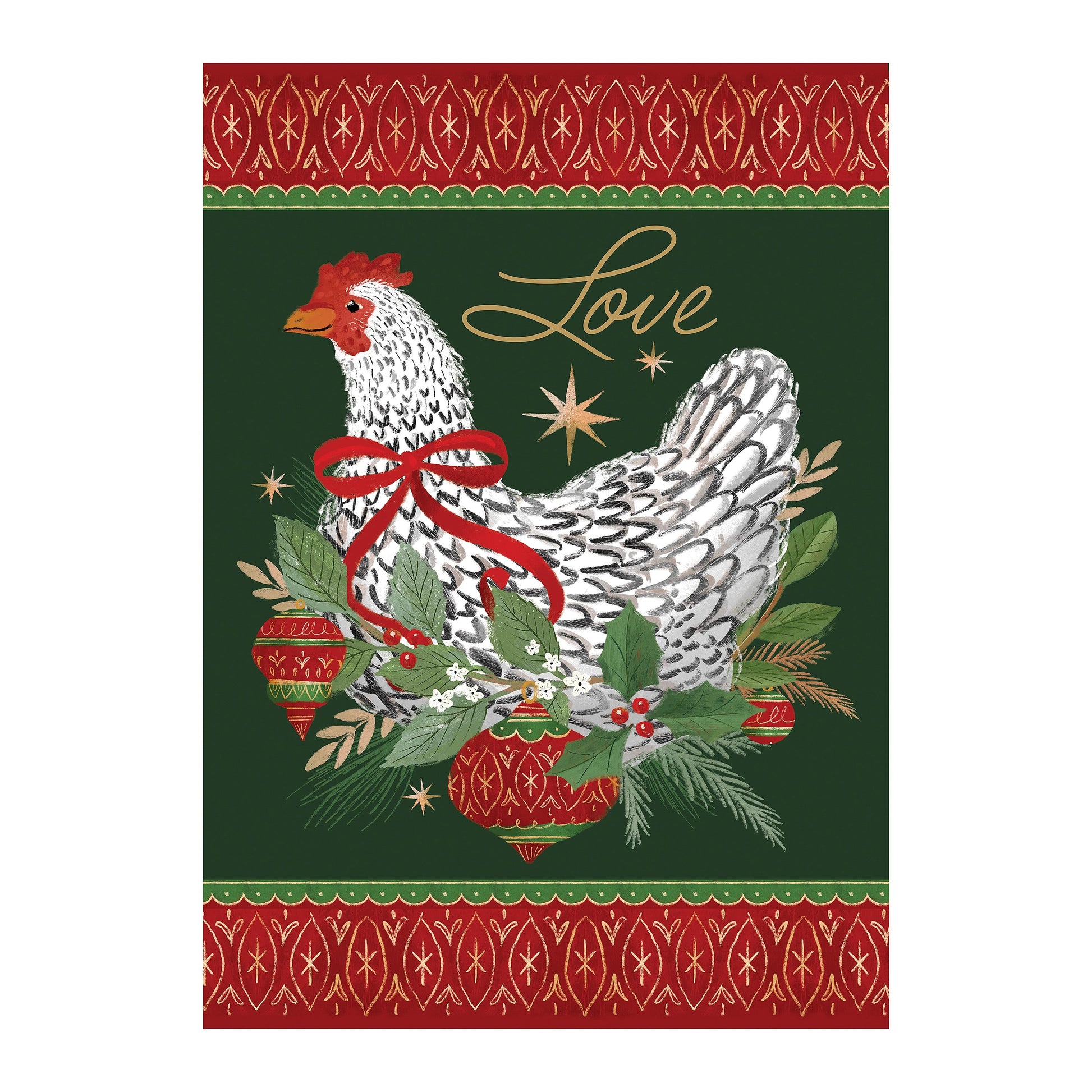 Floral Christmas Chicken Suede House Flag by Evergreen Enterprises; red border, green backdrop on Tampa Home & Garden Store