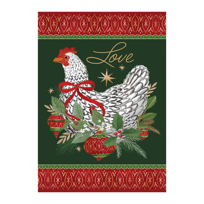 Floral Christmas Chicken Suede House Flag by Evergreen Enterprises; red border, green backdrop on Tampa Home & Garden Store