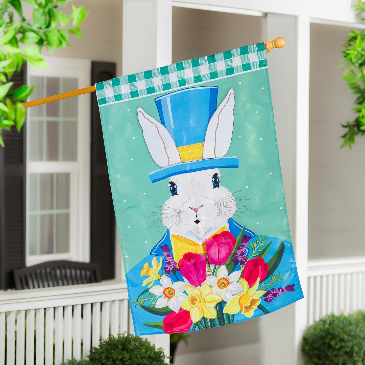 Mister Easter Bunny Applique House Flag with white bunny blue hat and teal backdrop on Tampa Home & Garden Store