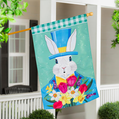 Mister Easter Bunny Applique House Flag with white bunny blue hat and teal backdrop on Tampa Home & Garden Store