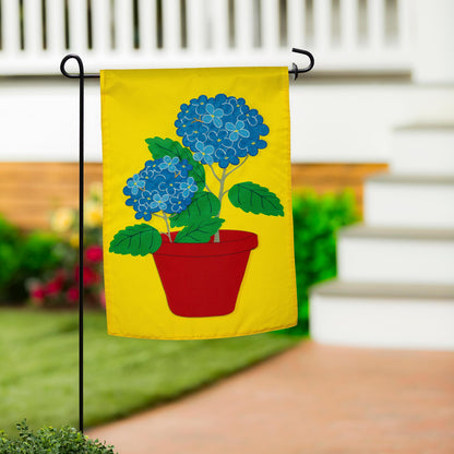 Hydrangea Basic Applique Garden Flag with blue blooms, green leaves, red pot on yellow backdrop on Tampa Home & Garden Store