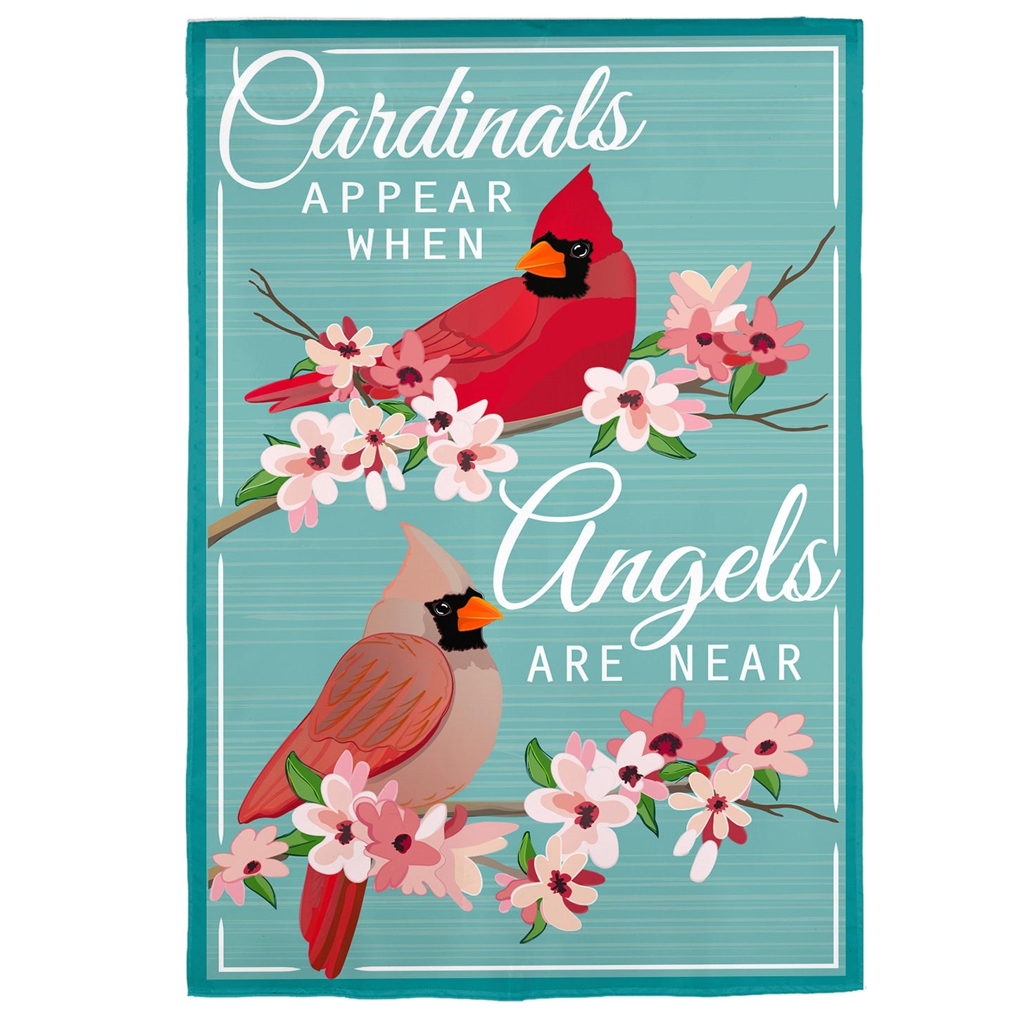 Angels are Near applique garden flag 2 cardinals on teal background Evergreen Enterprises on Tampa Home & Garden Store