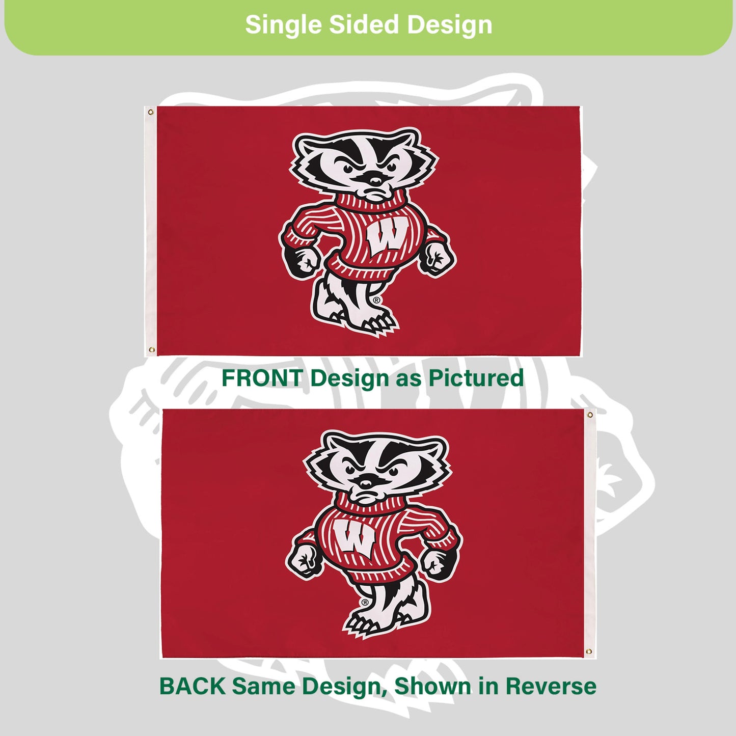 UW–Madison single-sided flag, red 3x5 with mascot, grommets, sublimated by Evergreen Enterprises on Tampa Home & Garden Store