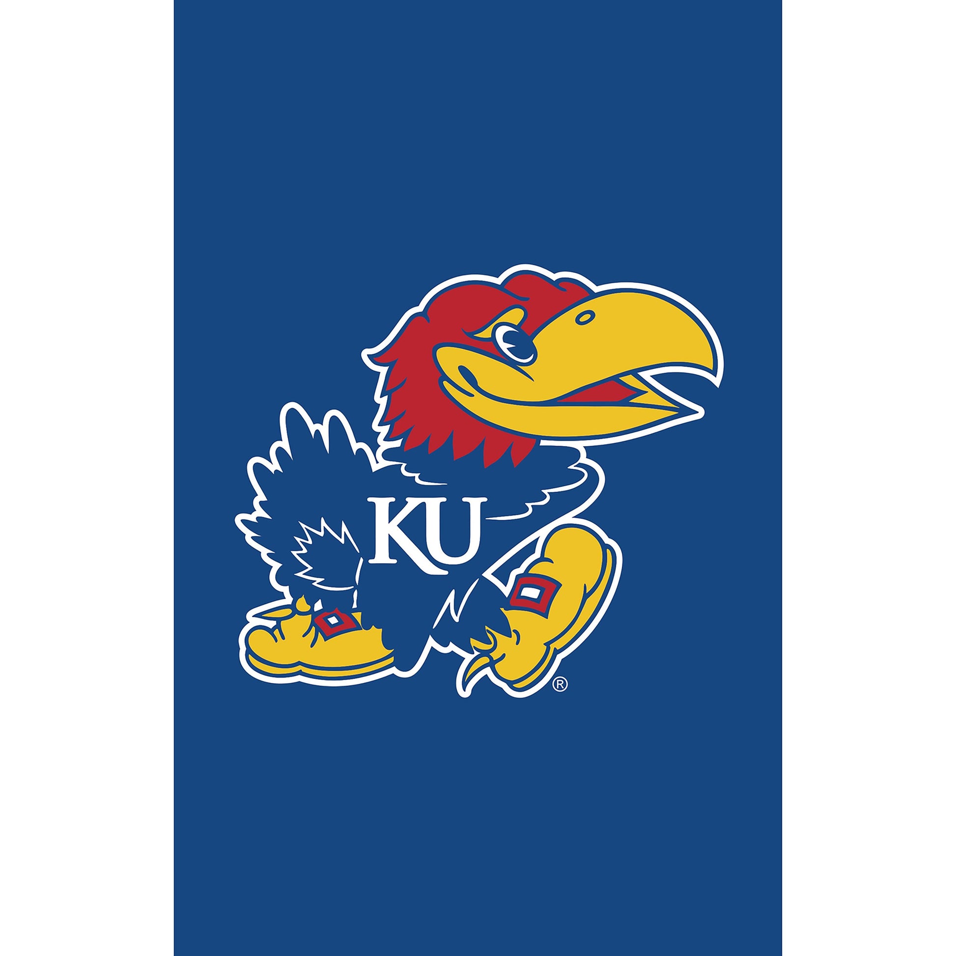 University of Kansas Applique Garden Flag blue with Jayhawks mascot head in red and yellow on Tampa Home & Garden Store