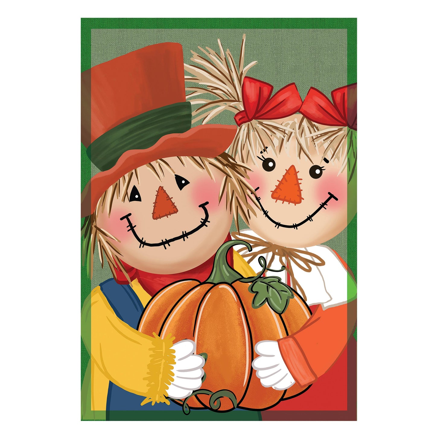 Couple Of Scarecrows Applique Garden Flag with two scarecrows and pumpkins on green backdrop on Tampa Home & Garden Store