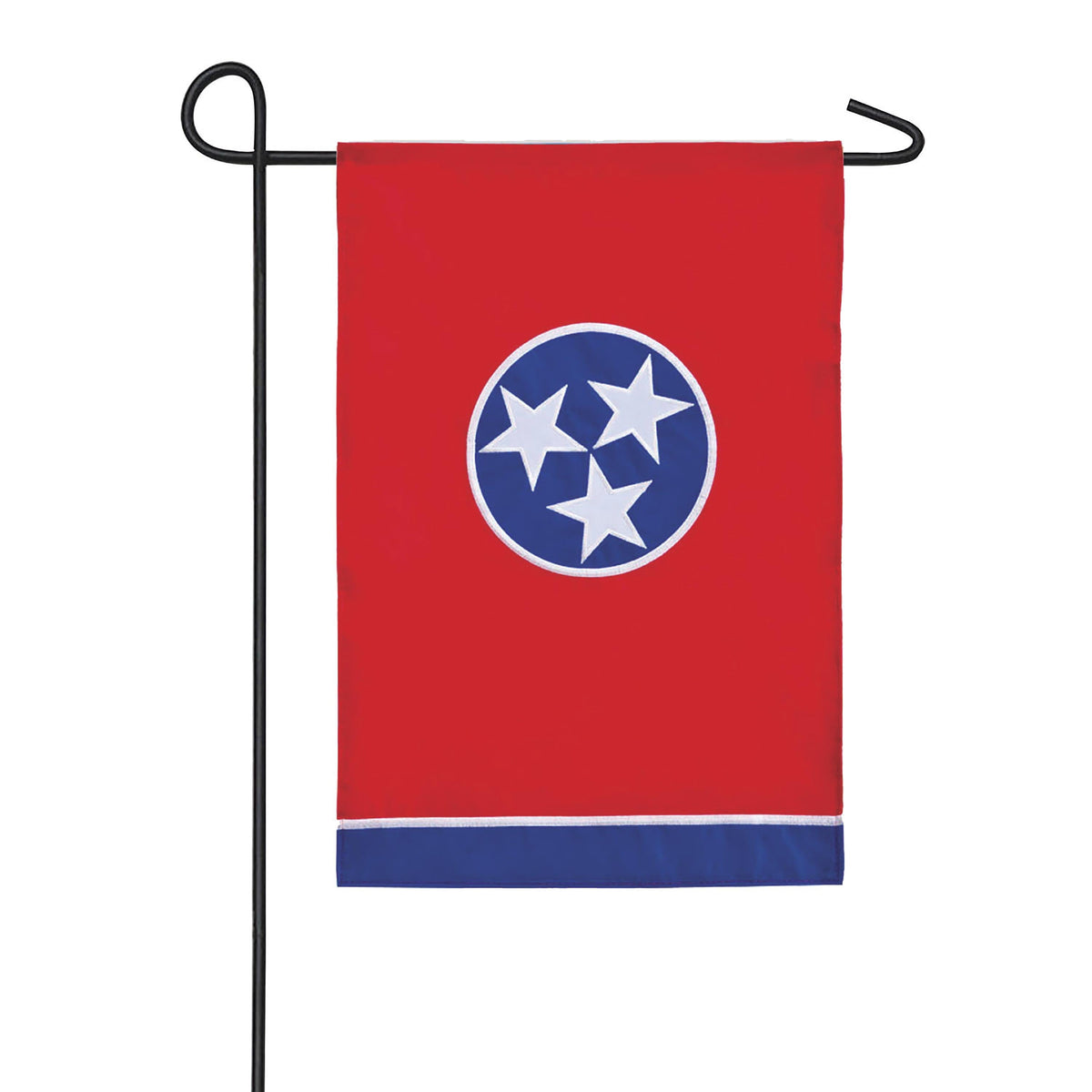 Tennessee state flag applique garden flag on a black metal stand with red field and blue emblem on Tampa Home & Garden Store