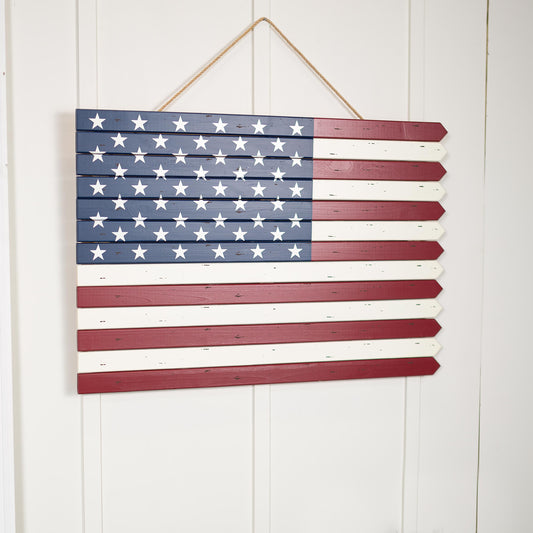 Classic American Flag wooden wall art with starry blue field and red/white planks, rope-hung on Tampa Home & Garden Store