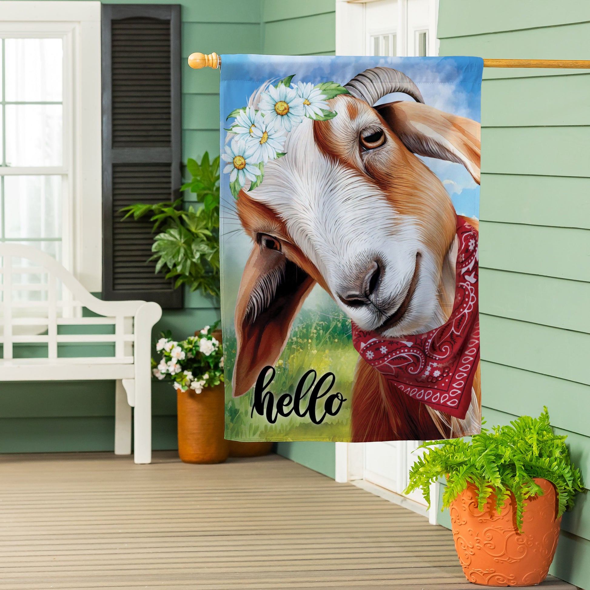 Hello Floral Goat Suede House Flag with floral crown and blue sky backdrop on Tampa Home & Garden Store