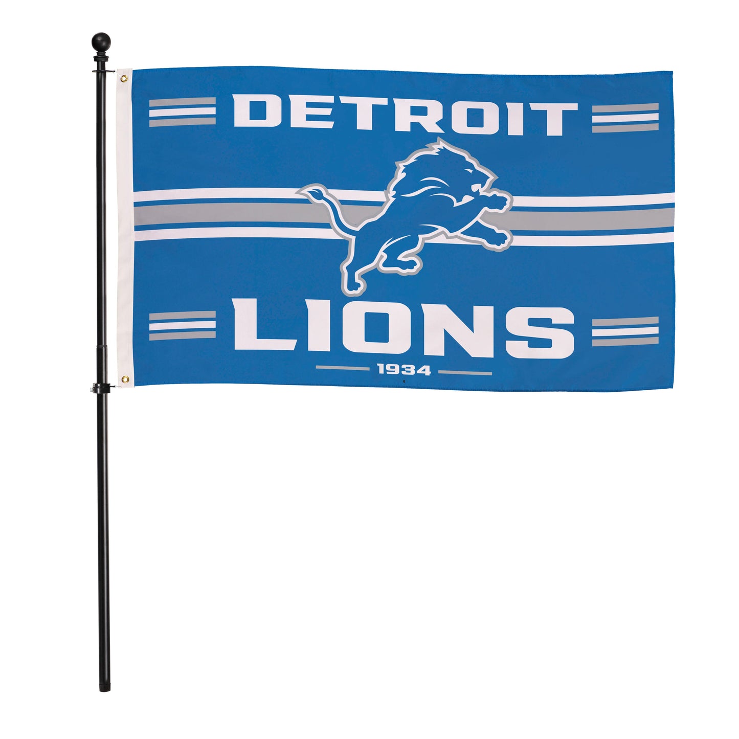 Detroit Lions flag 3x5 sublimated blue flag with DETROIT text and lion logo, 2 grommets on Tampa Home & Garden Store
